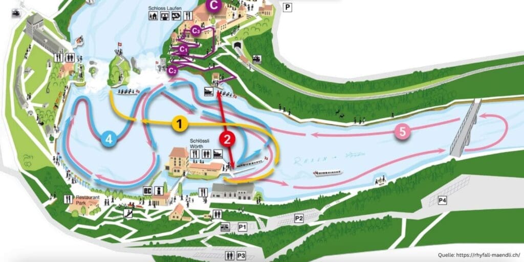Übersicht des Rheinfalls mit den Schlössern und Parkplätzen